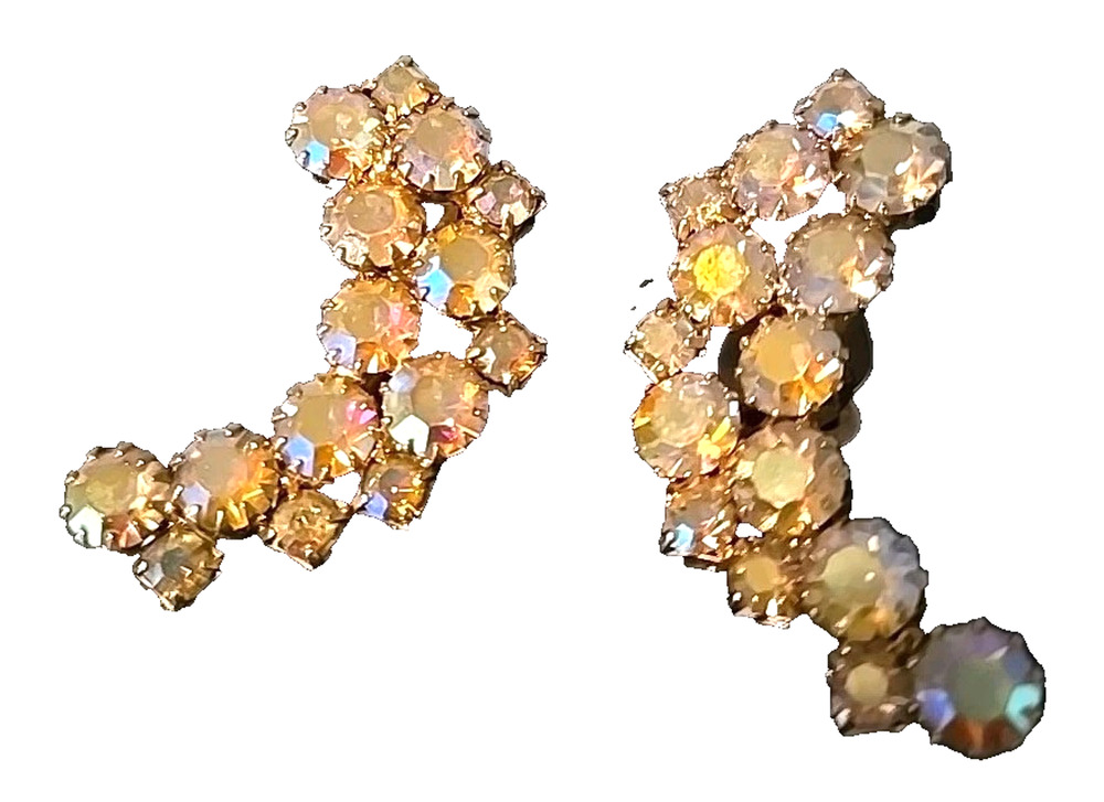 Vintage Aurora Borealis Crescent Half-Moon Clip Earrings Unmarked 1.5 Inches